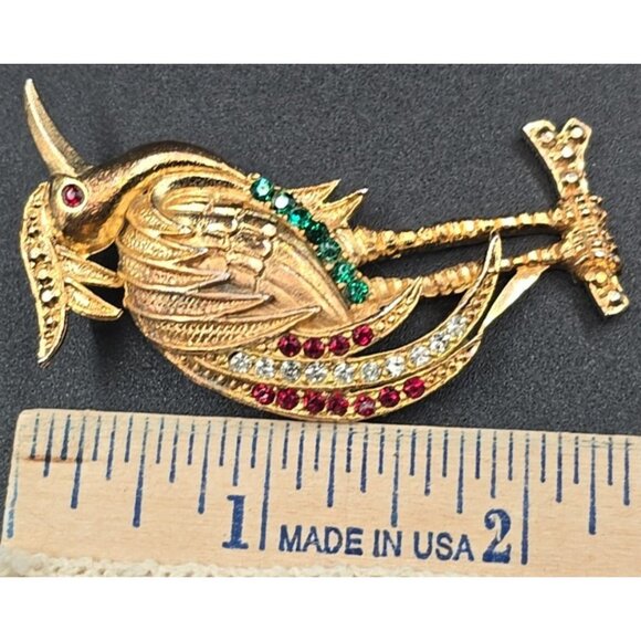 Heron Brooch Pin Bird Rhinestones 2" Gold Tone Collectible Vintage Unsigned - Picture 3 of 6
